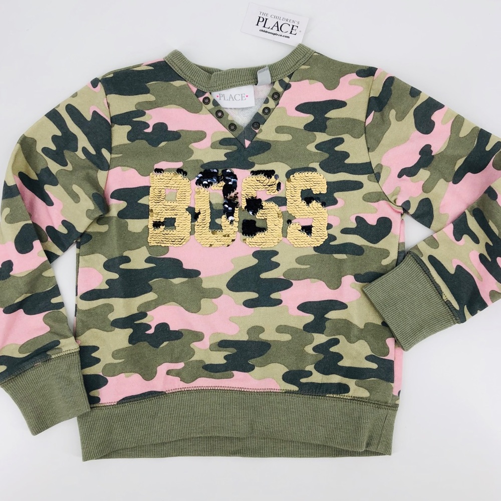 NWT Green Pink Camo Flip Sequin Boss Graphic Sweatshirt XS XSmall 4 - Picture 2 of 8